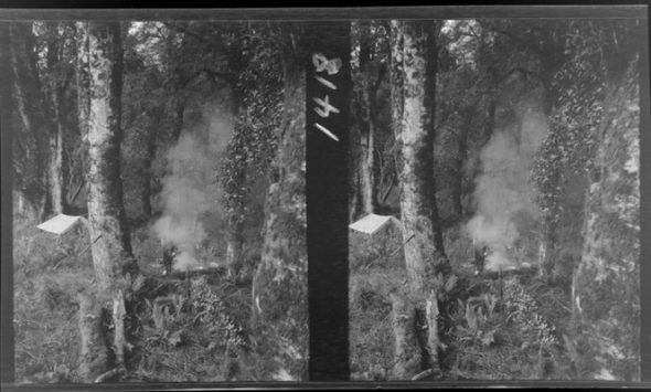 Stereograph of a camp site in bush area, with unidentified man standing next to camp fire, West Coast region. Photographed by Edgar Richard Williams. Ref: 1/2-144082-F. Alexander Turnbull Library, Wellington. 