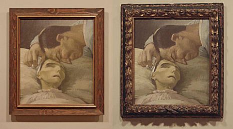 Installation shots from Toi Te Papa exhibition: Henry Lamb’s painting Death of a peasant, 1911. At left, framing by Te Papa about 1970; at right, frame put on by the artist in 1911, and now returned to the painting. © Museum of New Zealand Te Papa Tongarewa