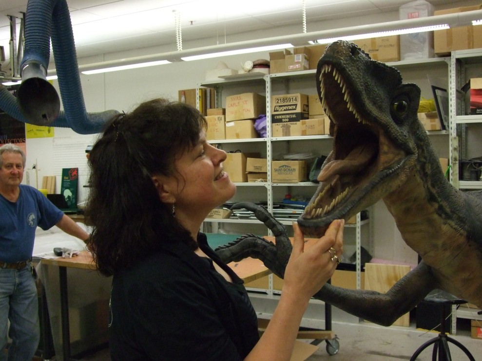Meeting a dinosaur in the workshop.