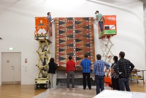 The 5 metre long tapa from Mangaia, in the Cook Islands is hung on the wall. 