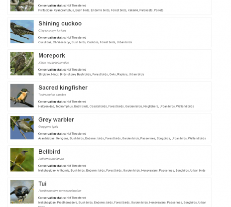 NZ Birds Online screenshot - Non threatened forest birds