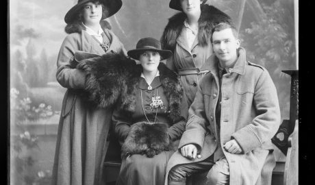 Portrait of an unidentified soldier and three unidentified women inscribed Brown, 1914-1919, Wellington. Berry & Co. Purchased 1998 with New Zealand Lottery Grants Board funds. Te Papa