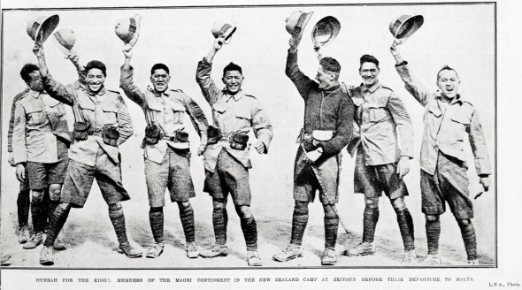 "HURRAH FOR THE KING: MEMBERS OF THE MAORI CONTINGENT IN THE NEW ZEALAND CAMP AT ZEITOUN BEFORE THEIR DEPARTURE TO MALTA." Taken from the supplement to the Auckland Weekly News 27 May 1915 p 43 (Image courtesy of Auckland Libraries)