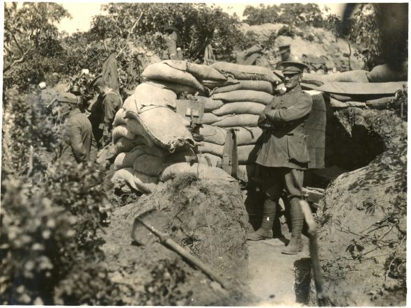 Lieutenant Colonel William Malone standing outside his dugout on Walker’s Ridge, Gallipoli, 1915.