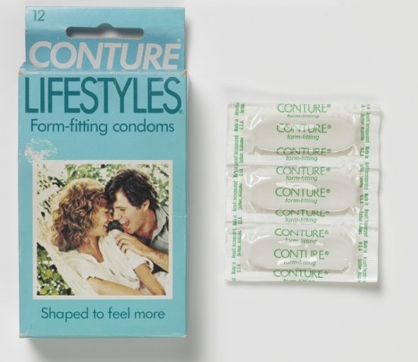 Box of Conture Lifestyles form-fitting condoms with photograph of a young happy couple cuddling on the front.