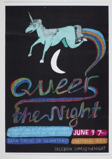 Poster titled 'Queer the Night' featuring a unicorn leaping across the moon, trailing a rainbow.