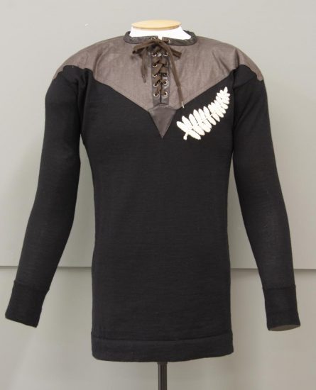 Rugby jersey [1905 replica], 2011, New Zealand, by Robertina Downes, Deborah Cumming, Manawatu Knitting Mills Ltd, New Zealand Rugby Museum. Commissioned 2011. Te Papa (GH017325). After padding out for display.