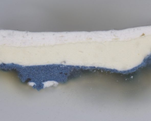 Cross-section under the microscope at 100X showing a thin layer of the artist’s blue paint