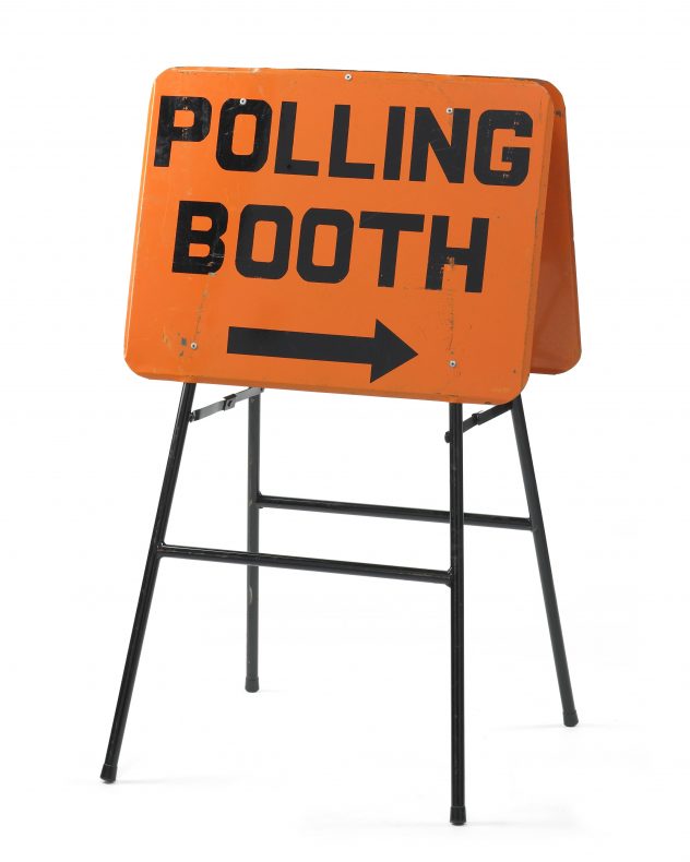 Sign, ’Polling Booth’, 1969, New Zealand, by Ministry of Justice. Gift of Chief Electoral Office, Ministry of Justice, 2007. CC BY-NC-ND licence. Te Papa (GH011741)