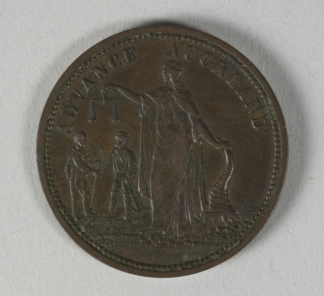 Reverse of token issued by Morrin & Co., New Zealand, minted by Heaton & Sons of Birmingham. Te Papa (NU002363)
