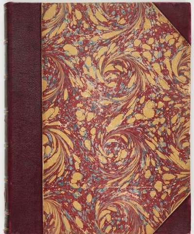 Dark red binded book with striking gold, blue, and red marbling pattern on the cover