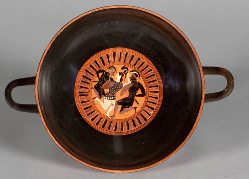 Black figure cup from the Logie Collection features two Greek Warriors battling with an Amazon