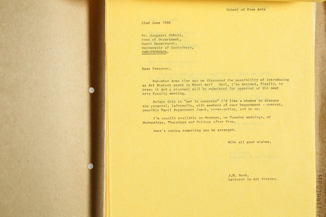 Letter written with a typewriter on yellow paper