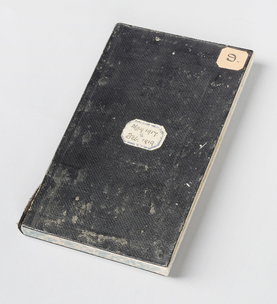 George Leslie Adkin's diary, well-worn and with a sticker on the cover saying May 1917 to Feb 1919