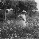 Woman stands in field of flowers holding a bunch of flowers