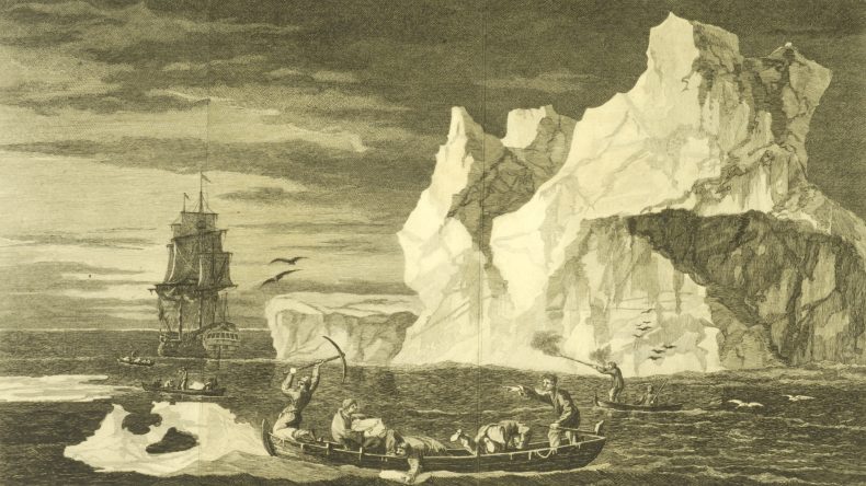 Shows the 'Resolution' in Antarctic waters, with the crew in the small rowing boats that would have been used to explore Tamatea, Dusky Sound