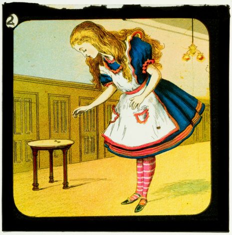 Illustration of Alice picking up a key from a table