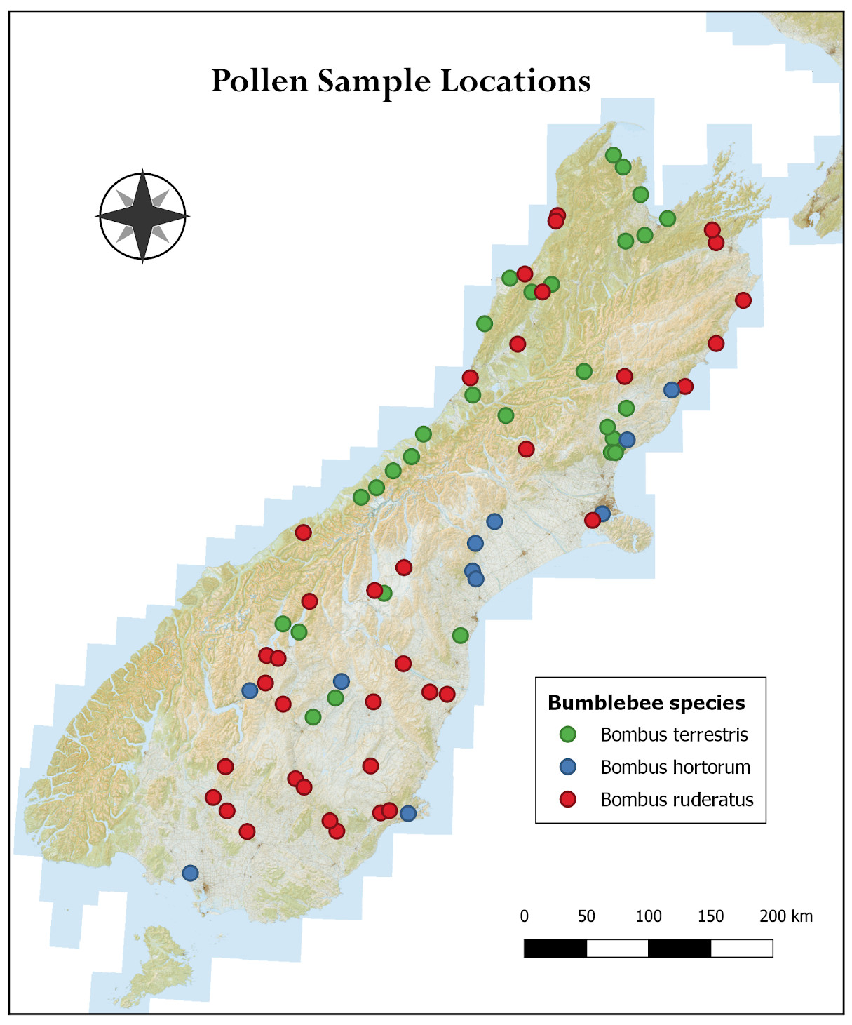 Map of the South Island in pale green with red, blue and green dots indicating pollen counts