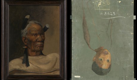 On the left, a painting of a Māori chief, on the right, the back of the painting showing an unfinished portrait of a young boy