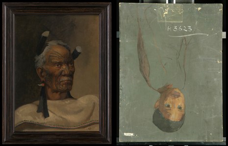 On the left, a painting of a Māori chief, on the right, the back of the painting showing an unfinished portrait of a young boy