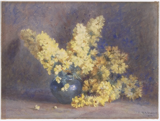 Watercolour painting of a blue vase with thick branches of yellow blossoming flowers. Prickly thorns can be seen over the lip of tha vase.