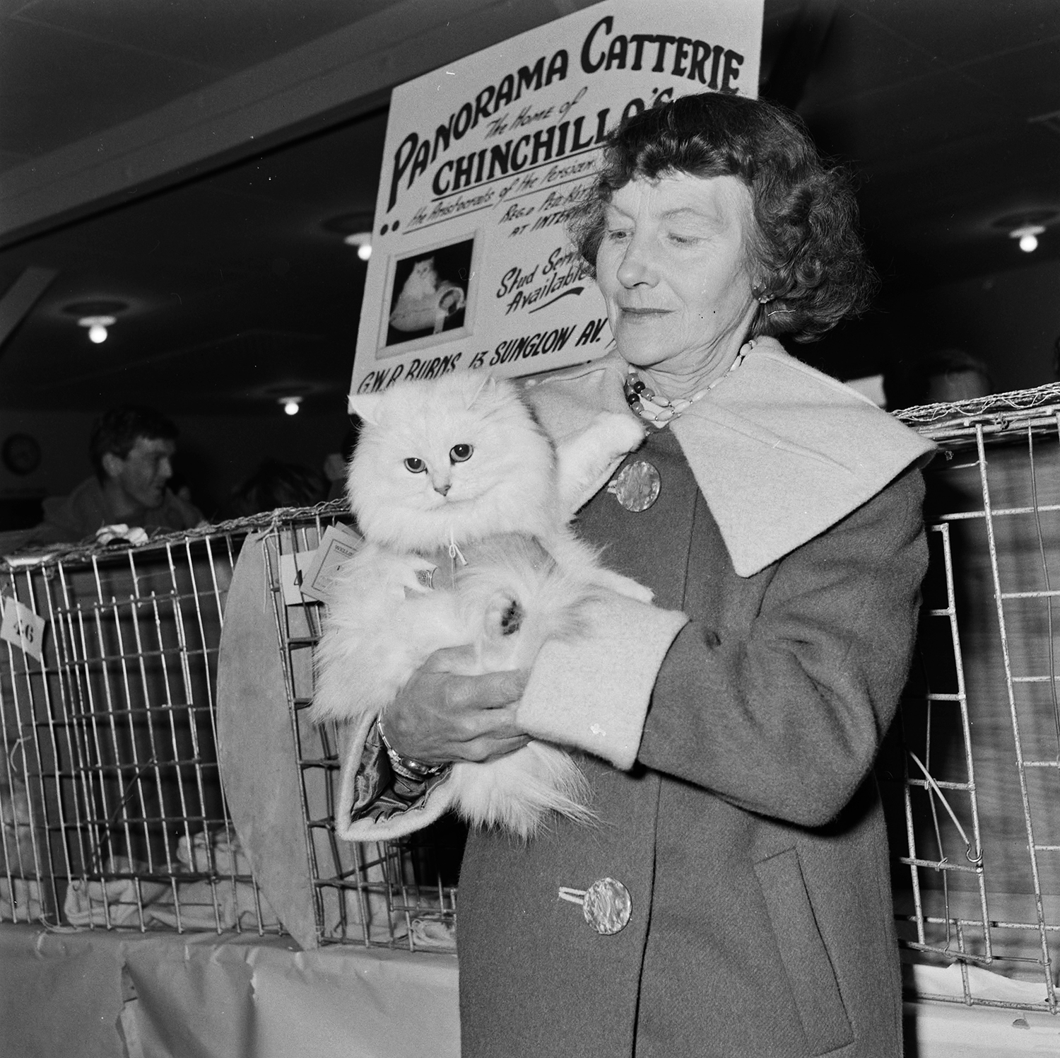 A black and white photo of a woman holding a cat at a cat show.