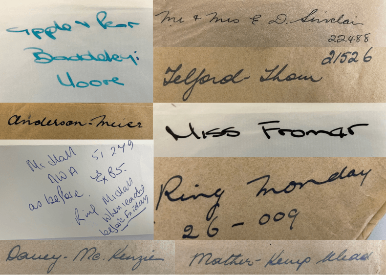 Closeups of names and notes written on job bags. 