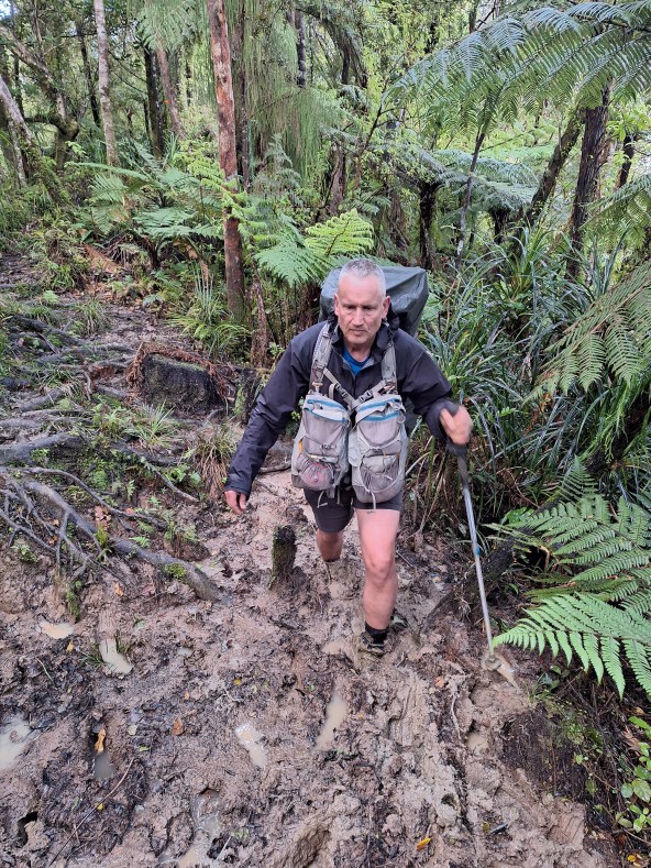 A man in hiking clothes and boots, carrying a pack on his back and on his front is using a walking pole to help him walk through very deep mud in a forest. 